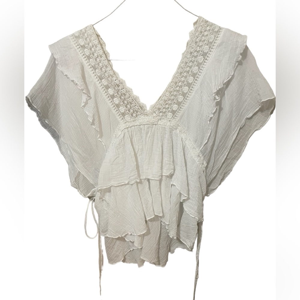 Chelsea & Violet Bohemian Romantic Ruffle Lace Detail Top SZMed Flounce Feminine